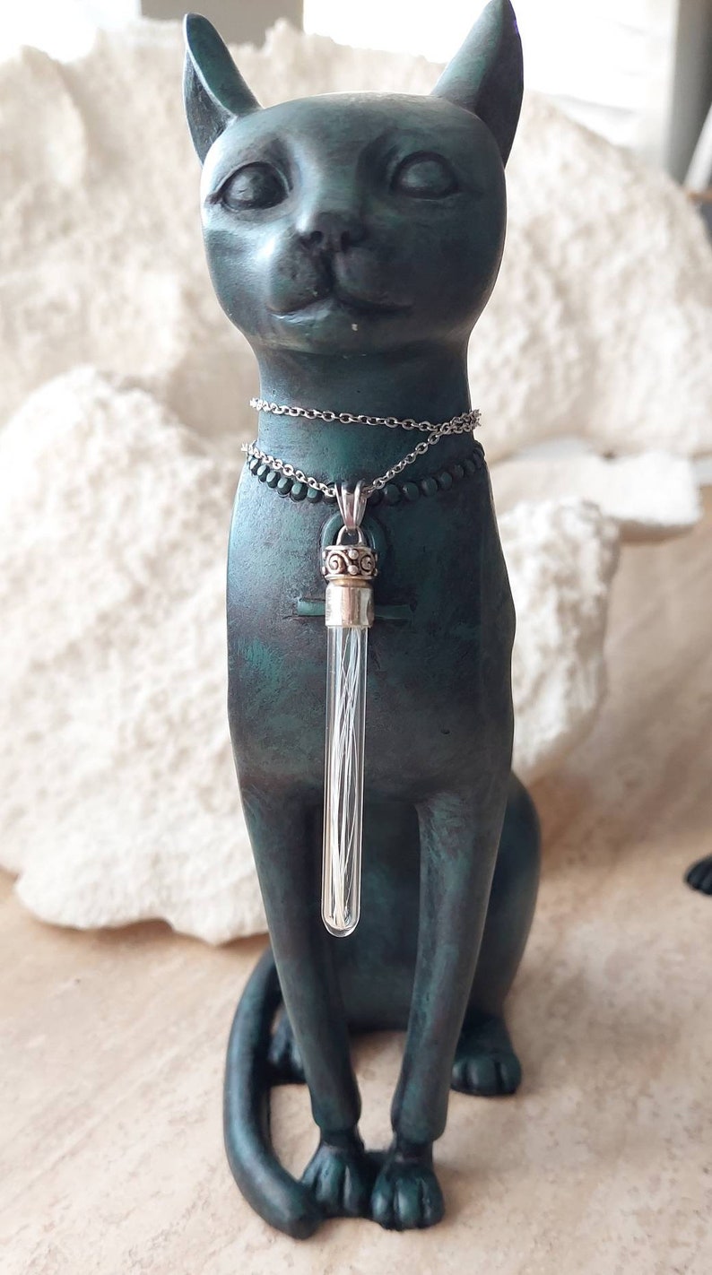 May include: A silver chain necklace with a clear glass vial pendant. The vial is filled with silver thread and has a silver and gold cap. The necklace is worn by a dark green cat figurine.