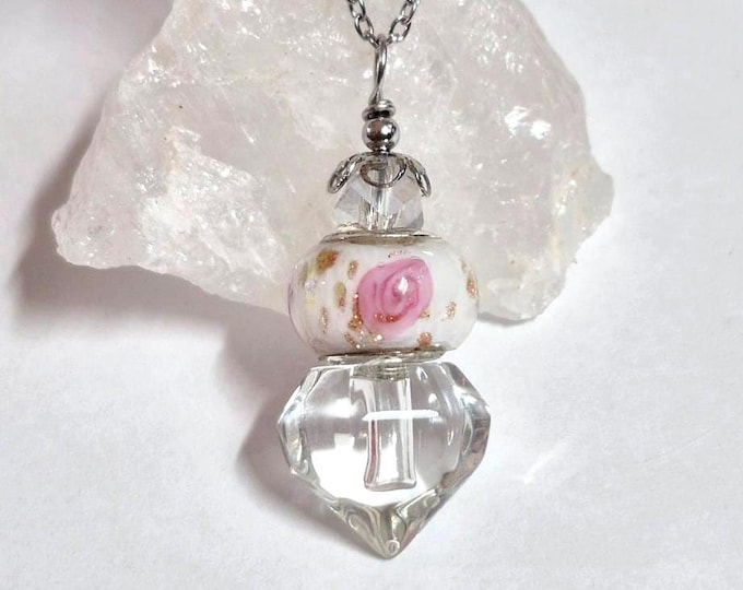 Pink Rose Urn Necklace for Ashes, Glass Heart Cremation Jewelry, Handmade Keepsake Memorial Jewellery
