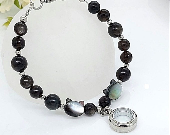 Cat Memorial Locket Bracelet custom sized: Black Obsidian Keepsake Jewelry, Kitty Cremation Jewelry Gifts