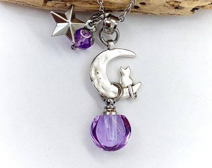 Cat Keepsake Urn Jewelry | Cat on the Moon Urn Necklace | Cat Memorial Necklace | Cat Ashes Pendant | Cat Cremation Jewelry Kitty Necklace