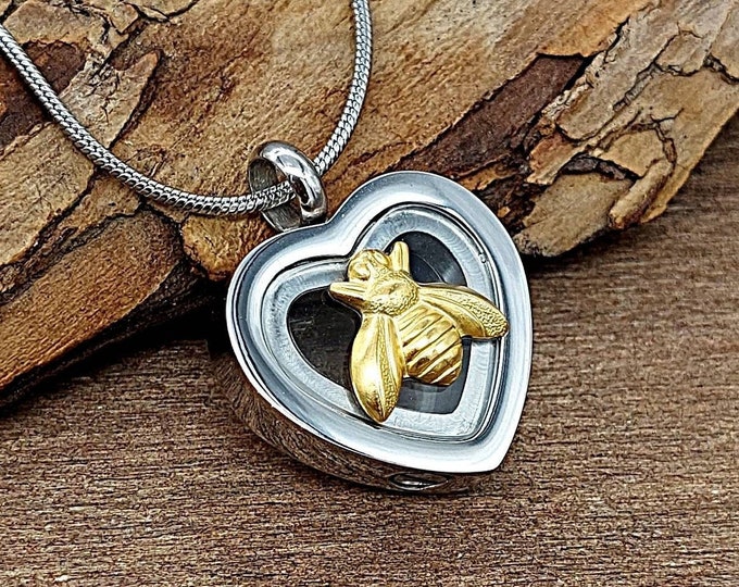 Bee Heart Urn Locket Necklace for Ashes | Cremation Jewelry for Human Ash or Pet Ash | Glass Locket Urn Pendant | Keepsake Gift for Her