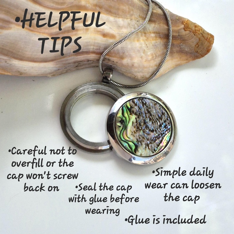 May include: A silver-toned circular locket necklace with an iridescent abalone shell inlay. The locket is open, revealing a hollow interior. Text on the image reads: Helpful Tips, Careful not to overfill, Seal the cap with glue, Glue is included, Simple daily wear can loosen the cap.