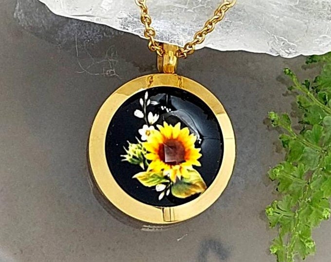 Small Sunflower Keepsake Locket : Urn Necklace, Cremation Ashes Jewelry, Jewellery Gifts for Her