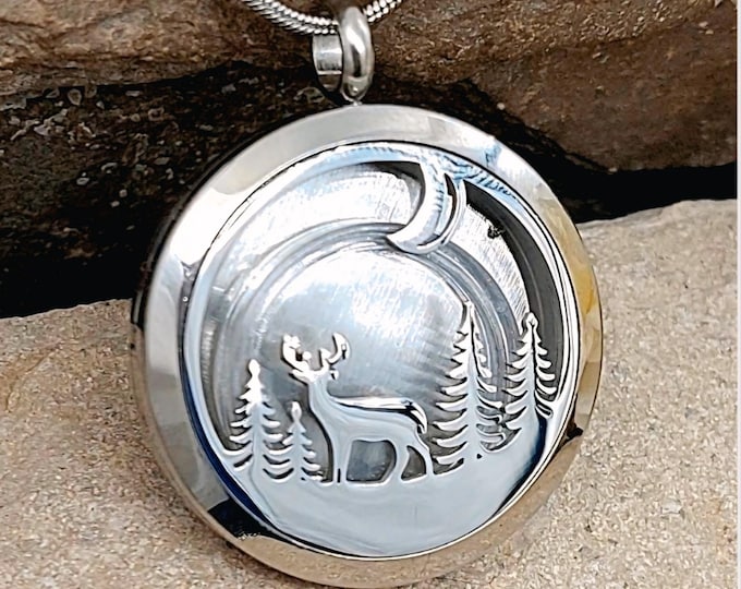 Deer Locket Urn Necklace, Stainless Steel Cremation Jewelry, Memorial Ash Pendant, Stag/Buck/Elk Keepsake Jewellery