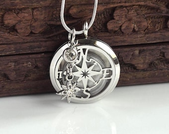 Stainless Steel Compass Keepsake Locket for Ashes, Locks of Hair : Memorial Cremation Ashes  Urn Jewelry (Birthstone & Custom Fitted Disc)