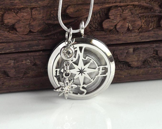 Stainless Steel Compass Keepsake Locket for Ashes, Locks of Hair : Memorial Cremation Ashes  Urn Jewelry (Birthstone & Custom Fitted Disc)