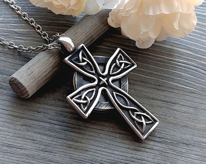 Large Celtic Knot Cross Locket | Stainless Steel Cremation Urn Necklace for Men, Memorial Ashes Jewelry,