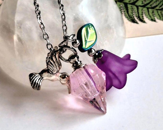 Hummingbird Urn Necklace | Purple Flower Cremation Ashes Keepsake, Hummingbird Memorial Urn Jewelry