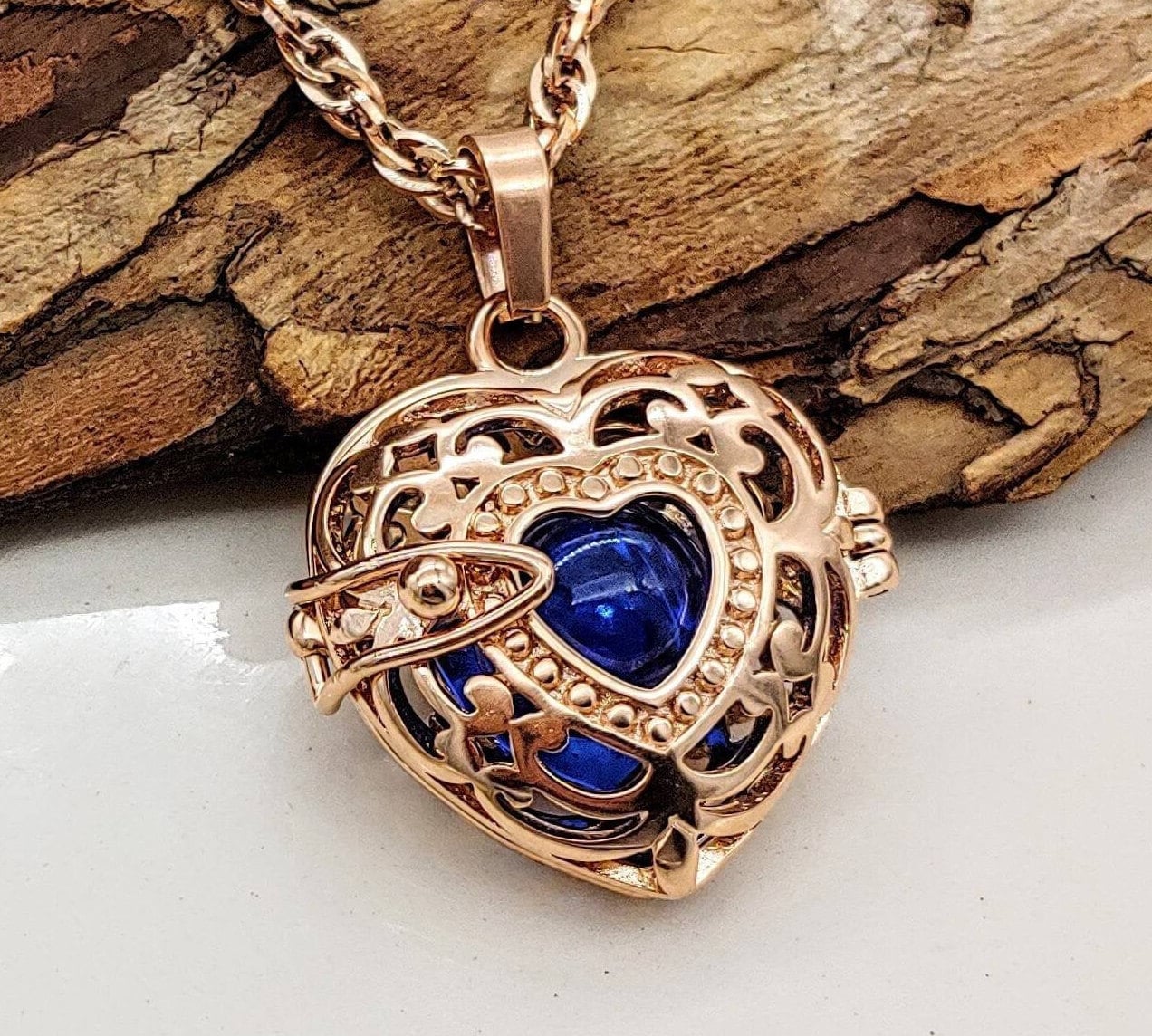 Rose Gold Heart Locket Necklace for Cremains Ashes in Glass Cremation