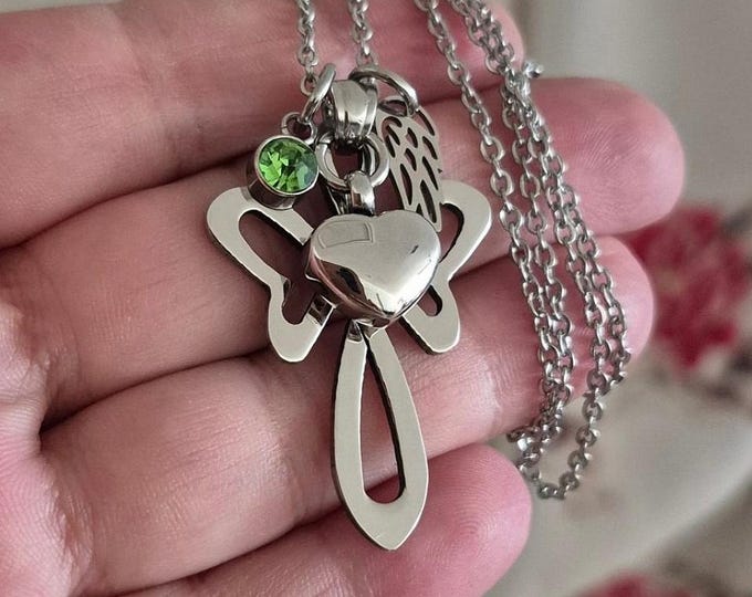 Infinity Angel Memorial Pendant with Birthstone Charm Choice: Stainless Steel Cremation Ash Charm Necklace | Keepsake Jewelry