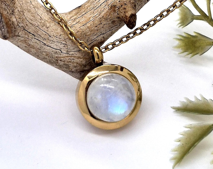 Rainbow Moonstone Crystal Locket Necklace | Small Gemstone Memorial Pendant | Cremation Ashes Keepsake Urn Jewelry | Gold Stainless Steel