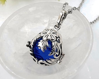 Floral Teardrop Locket for Ashes, Urn Necklace, Blue Glass Cremation Jewelry Glass Pendant