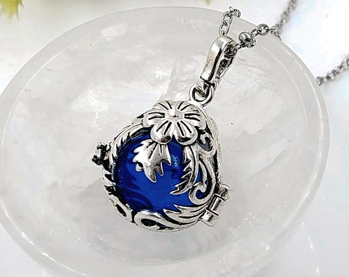 Floral Teardrop Locket for Ashes, Urn Necklace, Blue Glass Cremation Jewelry Glass Pendant