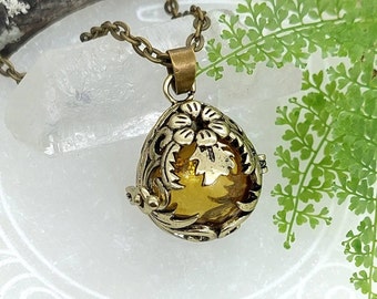Keepsake Locket Bronze Floral Teardrop Urn Locket for Ashes | Urn Necklace with Fillable Glass Orb | Urn Jewellery | Cremation Jewelry