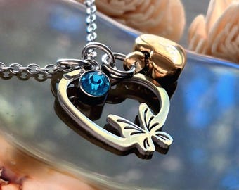 Stainless Steel Heart Urn Necklace: Butterfly Cremation Jewelry | Keepsake Ashes Pendant | Memorial Gifts