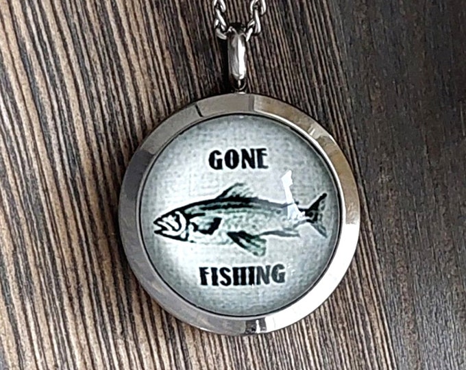 Gone Fishing Locket | Urn Necklace for Ashes or Lock of Hair | Cremation Jewelry Pendant | Fisherman, Dad, Brother Memorial Sympathy Gift
