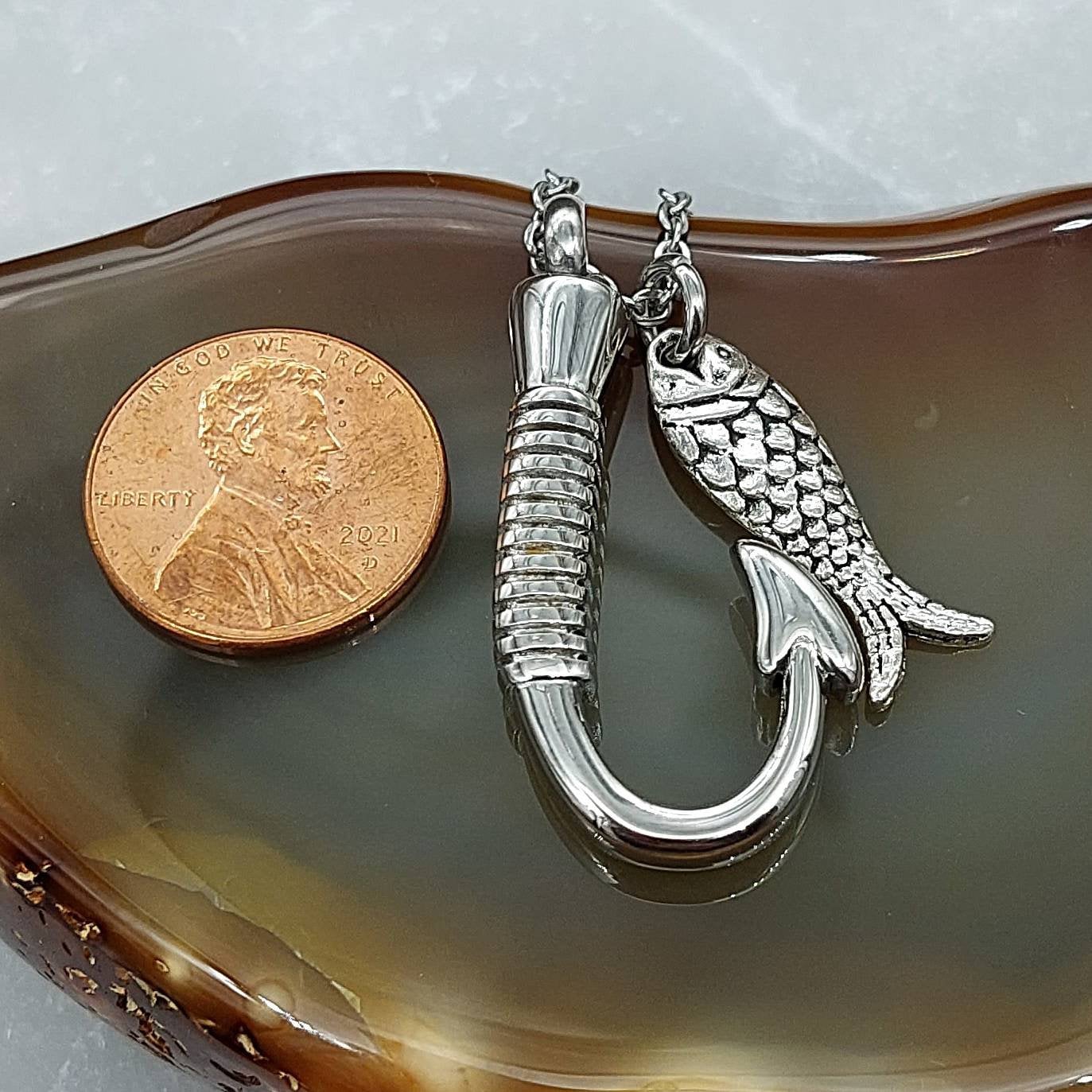 Memorial Fish Hook Urn Necklace Pendant | Fishing Urn | Cremation Jewelry | Urn Jewelry for Ashes | Silver Ash Holder | Cremation Necklace