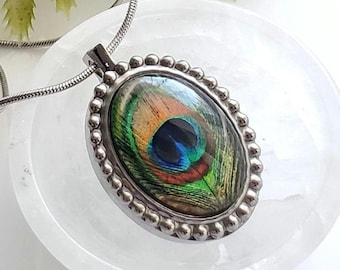 Peacock Feather Urn Necklace | Memorial Ashes Amulet, Pendant for Ash Cremains, Stainless Steel Cremation Jewelry