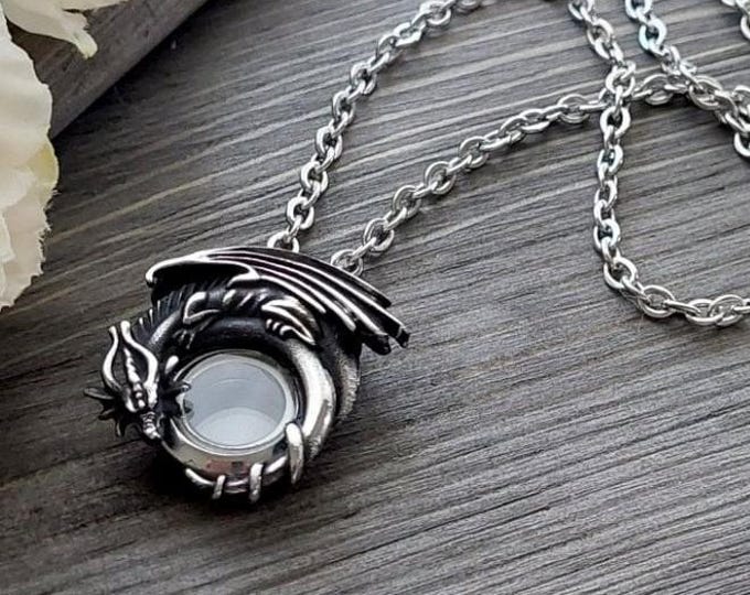 Dragon Locket Urn Necklace for Memorial Ashes, Lock of Hair | Unique Keepsake Gifts for Men or Women | Cremation Jewelry | Dragon Pendant