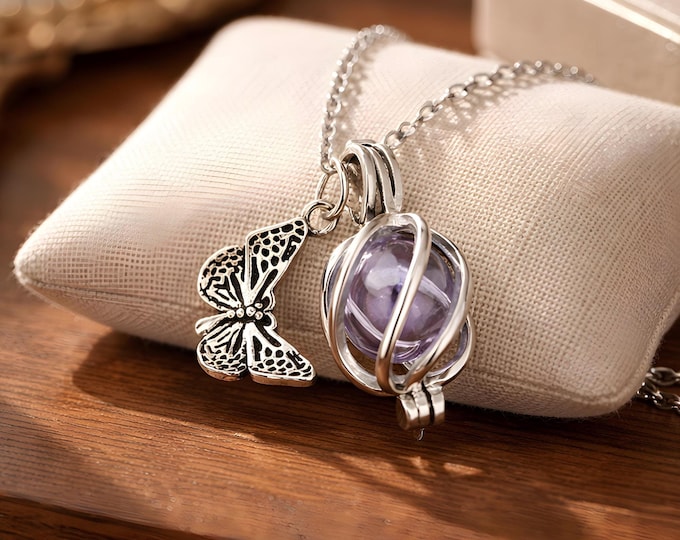 Sterling Silver Butterfly Urn Locket: Glass Orb Cremation Necklace, Keepsake Jewelry, Memorial Pendant