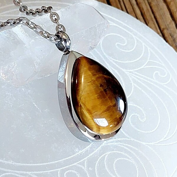 Tigers Eye Teardrop Urn Pendant | Memorial Gift | Cremation Necklace | Glass Locket | Cremation Jewelry for Ashes | Keepsake Urn Jewelry