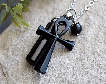 Black Egyptian Ankh Cross Urn Pendant Necklace : Cremation Ash Jewelry for Men or Women | Cremains Pendant