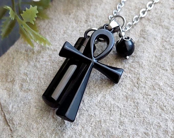 Black Egyptian Ankh Cross Urn Locket,  Urn Necklace for Men or Women, Memorial Ashes Jewelry, Ashes Pendant, Cremation Jewelry