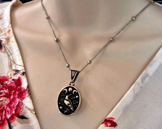Crow Locket Urn Necklace | Stainless Steel Cremation Ashes Jewelry | Moon Phases Locket Pendant | Memorial Keepsake Jewellery Gifts