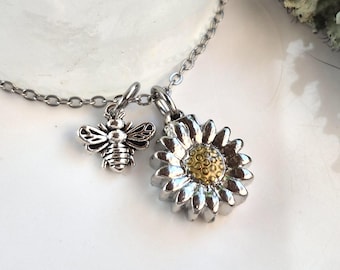 Sunflower Urn Necklace with Bee Charm | Cremation Jewelry for Ashes | Memorial Ash Pendants for Women
