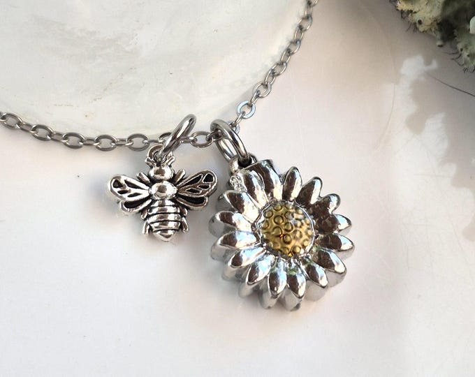 Sunflower Urn Necklace with Bee Charm | Cremation Jewelry for Ashes | Memorial Ash Pendants for Women
