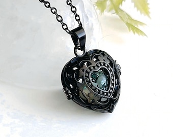 Black Heart Locket Urn Necklace, Stainless Steel Cremation Ashes Jewelry, Memorial Keepsakes