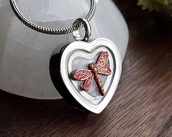 Red Dragonfly Glass Locket Pendant | Urn Necklace fo Human Ashes, Pets, Lock of Hair | Cremation Jewelry | Dragonfly Keepsake Gift for Her