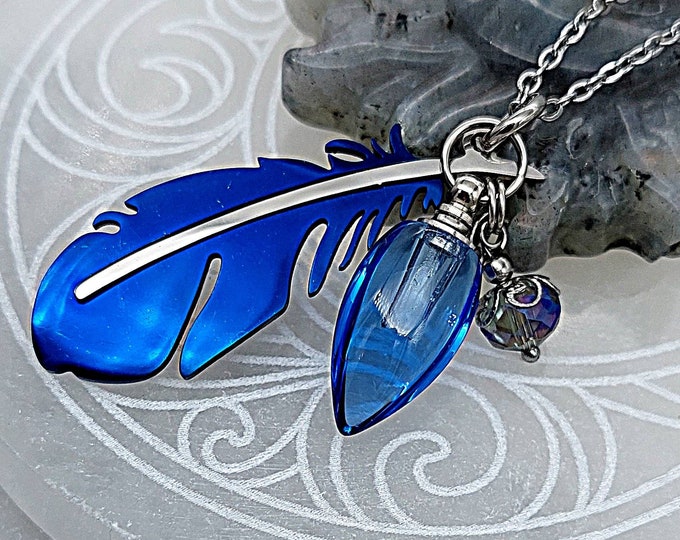 Blue Bird Feather Keepsake Urn Necklace | Mourning Jewelry | Cremation Jewelry | Blue Jay Feather Memorial Pendant | Jewelry for Ashes