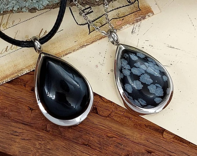 Black Obsidian Teardrop Locket Urn Necklace | Cremation Jewelry for Human Ashes | Cremation Necklace | Urn Pendant for Cremains
