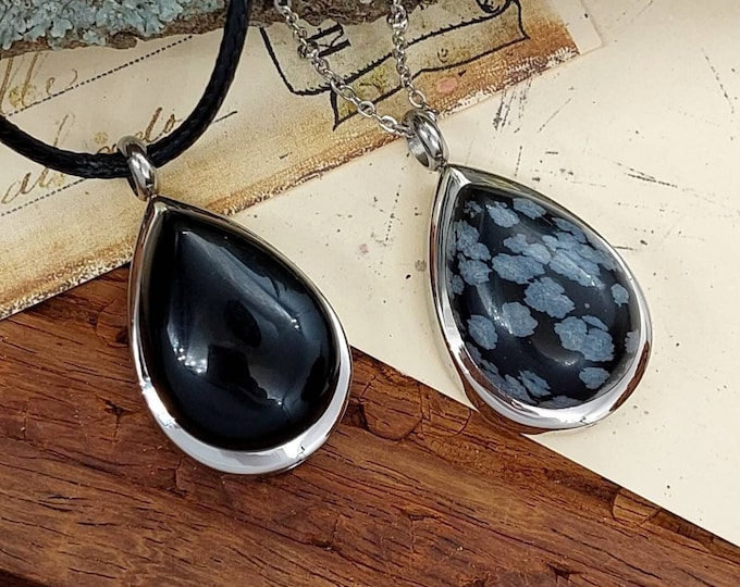 Black Obsidian Teardrop Locket Urn Necklace | Cremation Jewelry for Human Ash | Cremation Necklace | Urn Pendant for Ashes