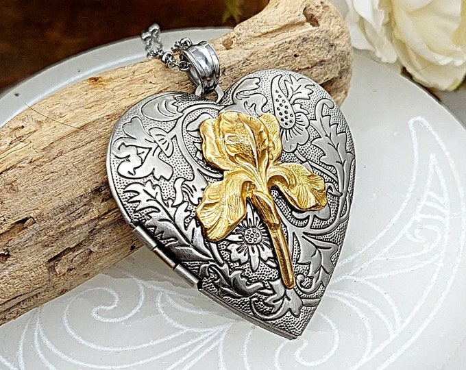 Vintage Inspired Heart Keepsake Locket | Iris Urn Necklace for Hair or Fur | Memorial Cremation Jewelry | Urn Jewelry for Ashes Necklace