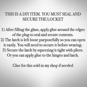Pu&ograve; includere: Un grafico di istruzioni basato su testo per un medaglione fai-da-te. Il testo recita: THIS IS A DIY ITEM. YOU MUST SEAL AND SECURE THE LOCKET. 1) After filling the glass, apply glue around the edges of the plug to seal and secure contents. 2) The latch is left loose purposefully so you can open it easily. You will need to secure it before wearing. 3) Secure the latch by squeezing it tight with pliers. Or you can apply glue to the hinges and latch. Glue for this sold in my shop if needed.
