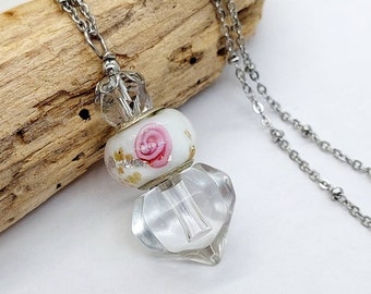 Pink Rose Urn Necklace for Ashes, Glass Heart Cremation Jewelry, Memorial Jewellery, Ash Pendant