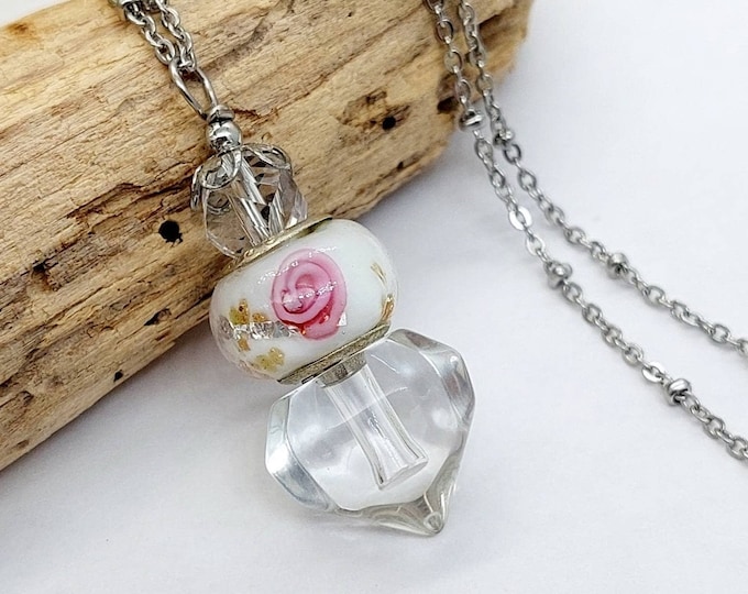 Pink Rose Urn Necklace for Ashes | Glass Heart Urn | Pendant for Cremains | Cremation Jewellery | Handmade Jewelry Gifts for Her