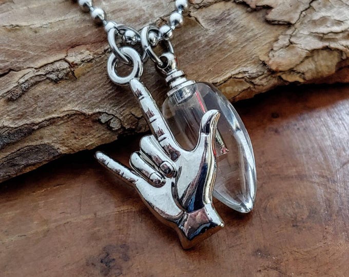 I Love You Hand Teardrop Urn Necklace, Cremation Ashes Jewelry, Keepsake, Memorial, Sympathy Urns