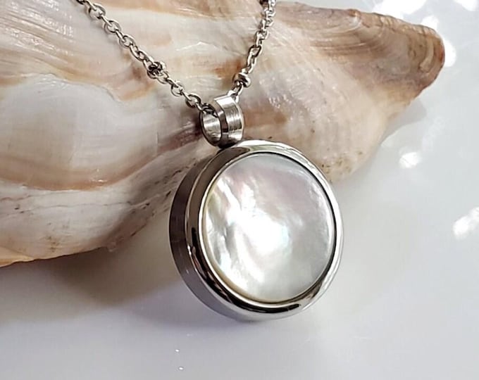 Mother of Pearl Locket, Glass Cremation Ashes Necklace, Keepsake Jewelry Urn Pendant