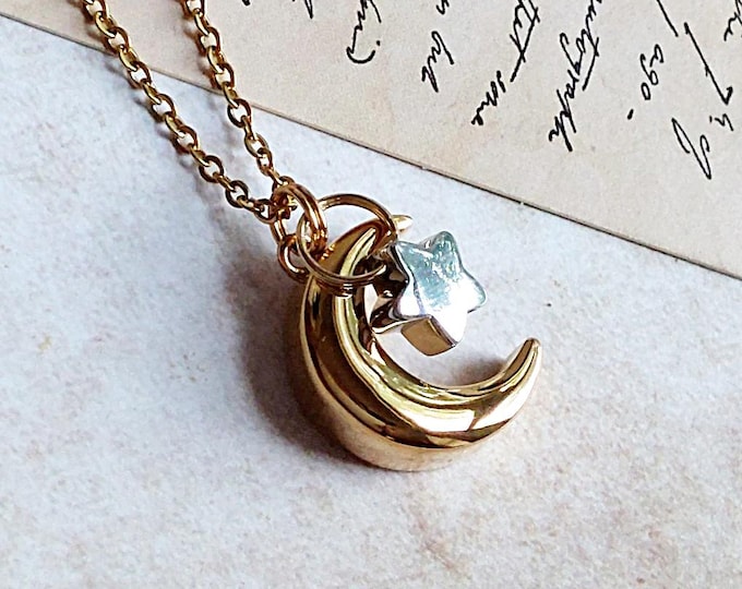 Moon and Star Urn Necklace for two | Double Keepsake Ash Holder | Cremation Jewelry Necklace for Human Ashes | Mom Urn and Dad Urn | Pet Urn