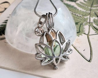 Lotus Flower Locket Necklace with Birthstone Charm, Stainless Steel Cremation Urn, Ashes Keepsake