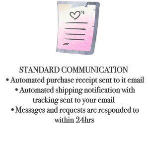 Puede incluir: Una nota rosa estilo acuarela con un coraz&oacute;n y l&iacute;neas, con el texto "STANDARD COMMUNICATION" y vi&ntilde;etas sobre recibos automatizados, notificaciones de env&iacute;o y tiempos de respuesta en 24 horas.