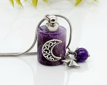 Amethyst Crystal Moon Urn Necklace | Memorial Ash Pendant | Cremation Jewelry | Urn Jewelry for Human Ashes or Pet Ashes Keepsake
