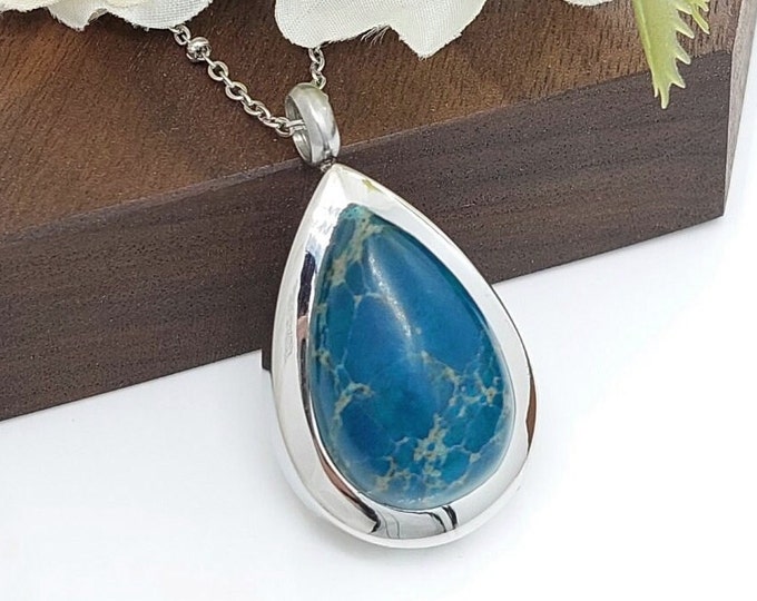 Blue Green Imperial Jasper Teardrop Locket for Memorial Ashes | Urn Necklace | Cremation Jewelry for Ash | Womens Keepsake Jewellery Gifts