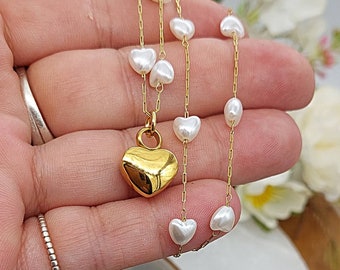 Gold Heart Urn Necklace, Cremation Jewelry for Ashes, Simulated Pearl Beads, Memorial Ash Pendant