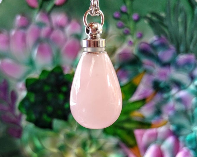 Rose Quartz Urn Pendant Teardrop Urn Necklace | Oil Vial Fillable Necklace | Cremation Necklace | Memorial Urn | Cremation Jewelry for Ashes