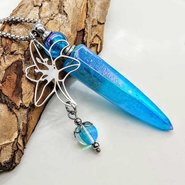 Blue Angel Aura Crystal Vial Necklace | Urn Necklace | Fillable Jewelry | Cremation Jewelry | Teardrop Urn | Crystal Urn Pendulum Pendant