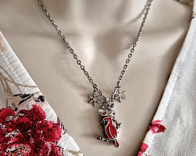 Red Cardinal Bird Urn Necklace | Cremation Ashes Keepsake, Christmas Bird Urn Pendant with Snowflake Charms